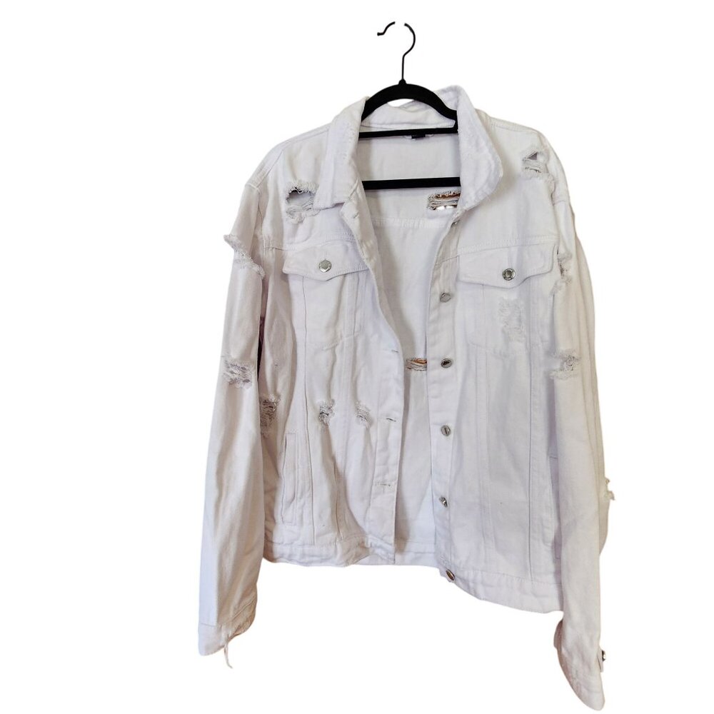 Mens White Distressed Denim Jacket XL By Manfinty
